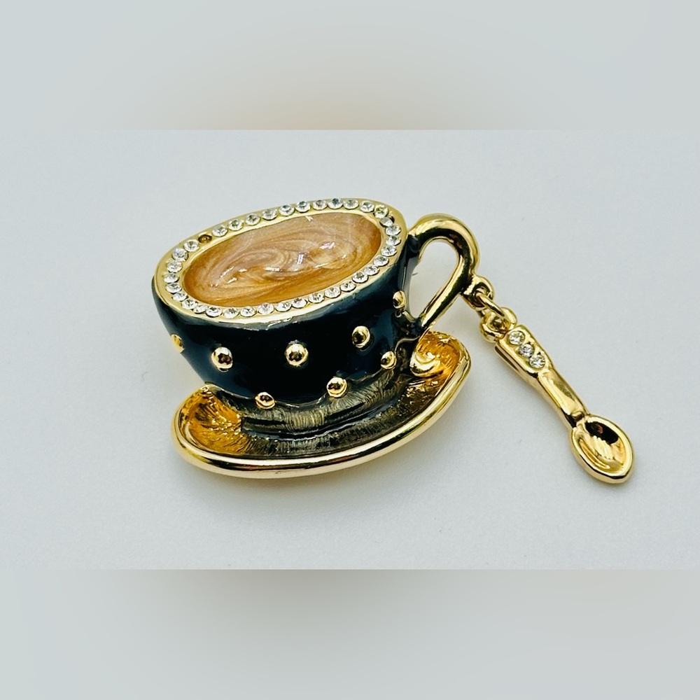 Gold Tone Enamel Coffee Cup Mug Brooch Pin Rhinestone Spoon
